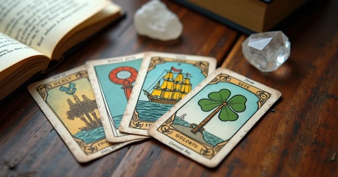 Lenormand cards spread on wooden table with handwritten notes and crystal beside them