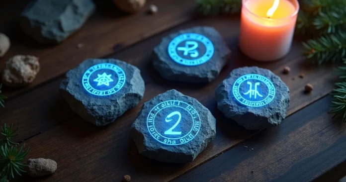 Engraved Norse protection runes on natural stones with glowing symbols on dark wooden surface