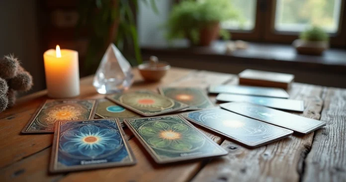 Oracle deck cards fanned out on a wooden table with a crystal and candle nearby