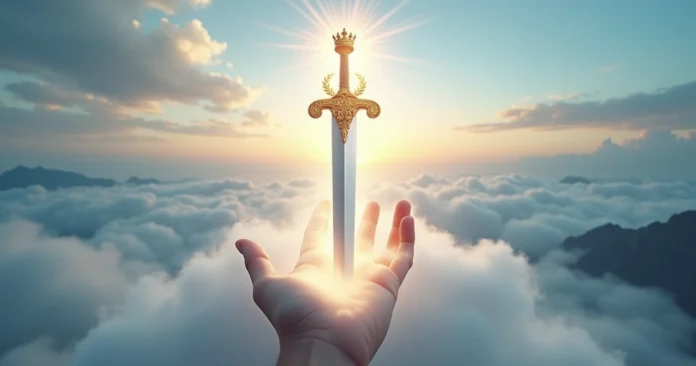 Ace of Swords tarot card glowing above a hand with cloudy sky background