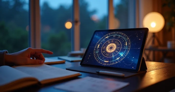 Astróloga interpretando um mapa astral digital em um tablet.