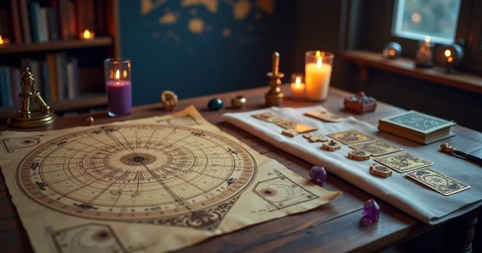 Astrology chart with tarot cards, runes and Lenormand deck on a mystical desk