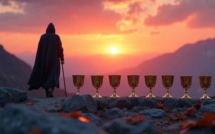 Eight of Cups tarot card with a figure walking away from cups towards mountains at sunset