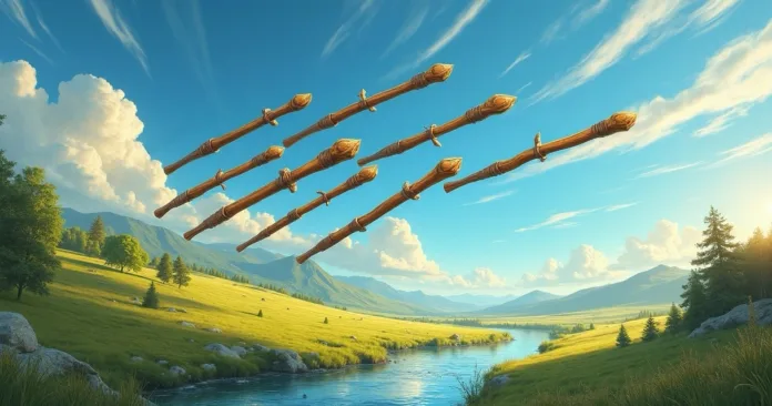 Eight of Wands tarot card with eight wooden wands flying swiftly through a bright blue sky over a distant landscape