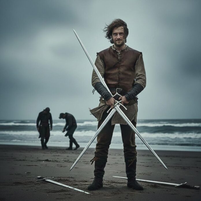 Five of Swords tarot card on a table with symbolic conflict and calm sea background