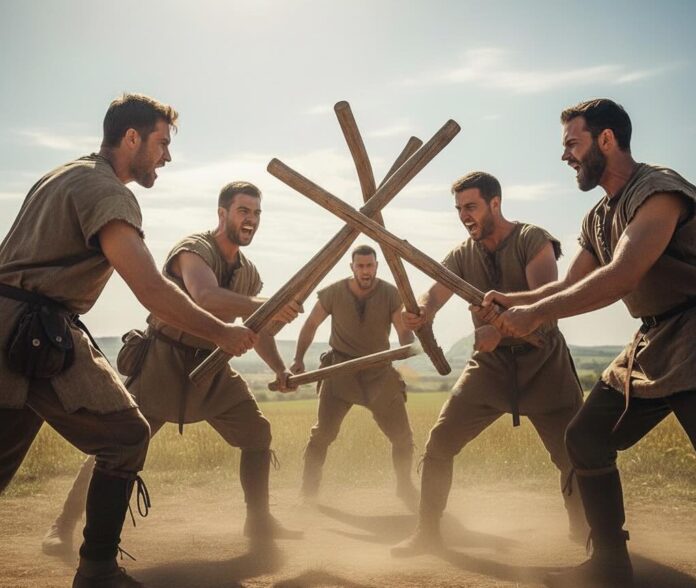 Five of Wands tarot card on a wooden table with other cards and a digital tablet for notes