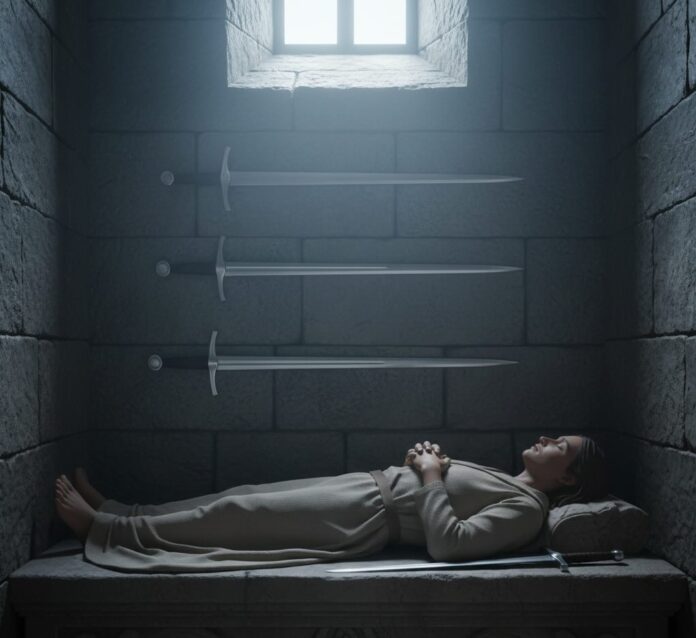 Four of Swords tarot card on altar with candles and journal symbolizing rest and reflection