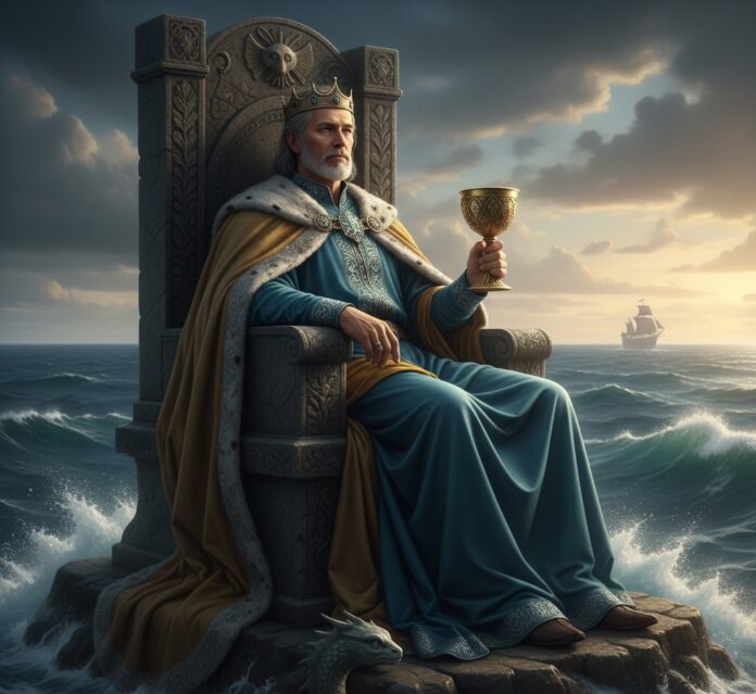 Tarot King of Cups card on table with water and journal