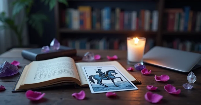 Knight of Cups tarot card on table beside psychic reader journal and crystal