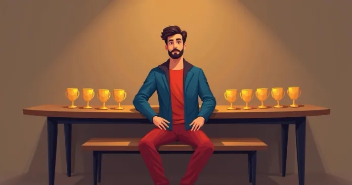 Nine of Cups tarot card on a wooden table with candles and crystals