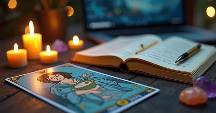 Page of Cups tarot card on a wooden table with candles and journal