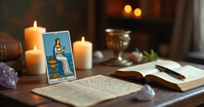 Queen of Cups tarot card on a table with candles, journal and crystals