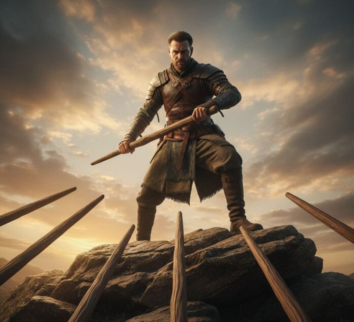 Person standing on hill holding a wooden wand in defense against six ascending wands in a dramatic sky