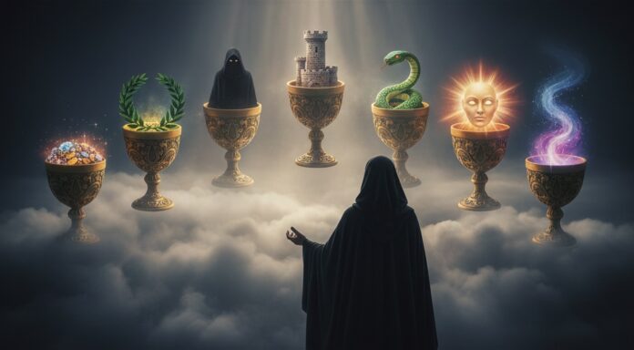 Seven of Cups tarot card showing a figure facing seven mystical cups floating in clouds