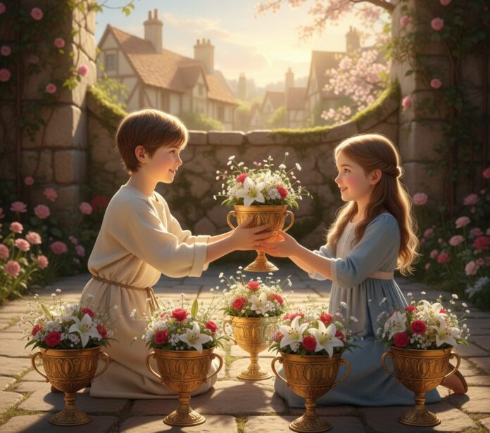 Six of Cups tarot card showing two children exchanging cups in a sunlit garden with blooming flowers and a peaceful house in the background