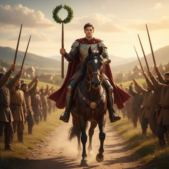 Tarot Six of Wands card showing a victorious figure on horseback holding a wand with a laurel wreath, bright outdoor setting with cheering crowd