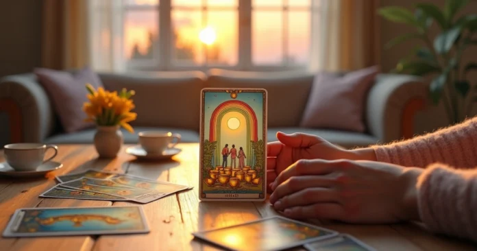 Ten of Cups tarot card on a table with a happy family and rainbow cups in a calm setting