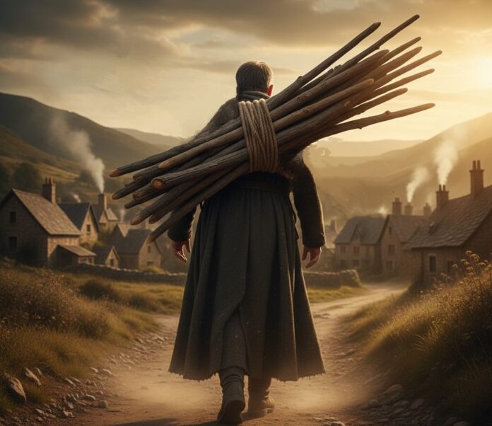 Tarot card Ten of Wands showing a figure carrying heavy bundles of sticks on a rugged path