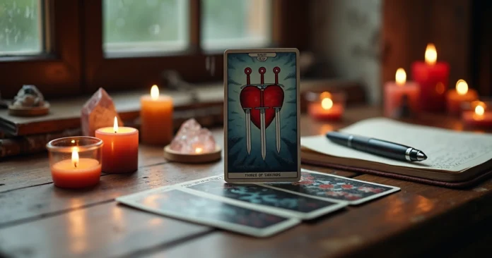 Three of Swords tarot card on a table with candles and a journal for healing insights