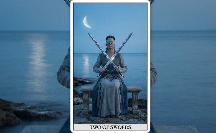 Two of Swords tarot card on a table symbolizing difficult decisions