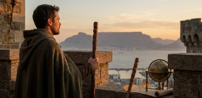 Two of Wands tarot card on a stone ledge overlooking a vast landscape at sunrise