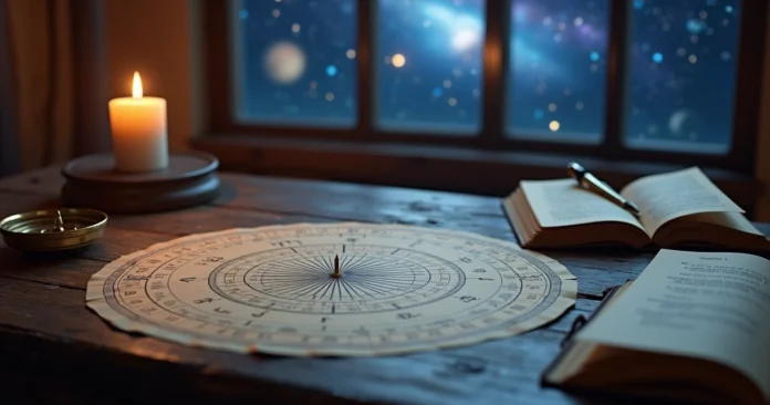 Astrology birth chart with zodiac signs and constellations on a mystical night sky background