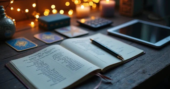 Cartomancy reader at a table with cards notebook and calculator planning pricing