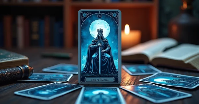King of Swords tarot card on table with sword and blue light