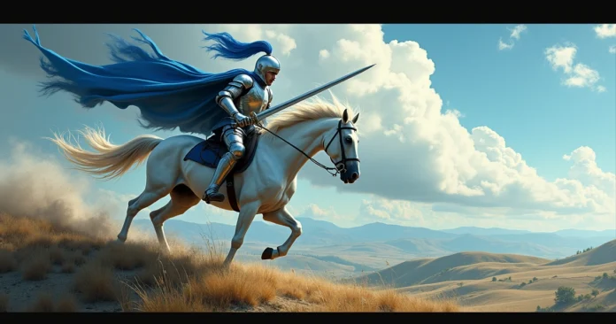 Knight of Swords tarot card rider charging forward through stormy sky