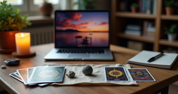 Tarot, runes, Lenormand and oracle cards arranged on a wooden desk with a laptop