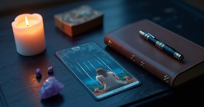 Nine of Swords tarot card on a table symbolizing anxiety and inner growth