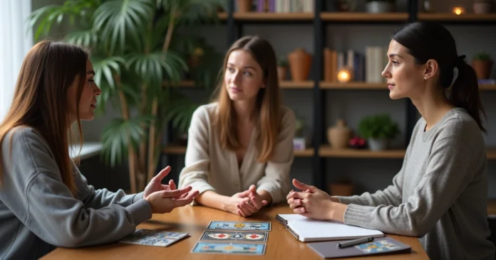 Tarot reader and client talking at a table with cards, runes and a notebook