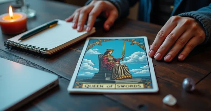 Queen of Swords tarot card on a table with a reader taking notes