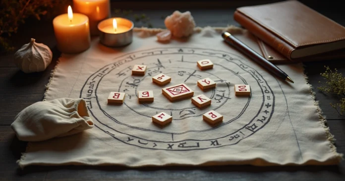 Runes scattered on a wooden altar with candles and a rune casting cloth