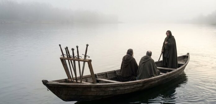 small boat gliding across water, gray skies, two passengers sitting low, guided by a third figure