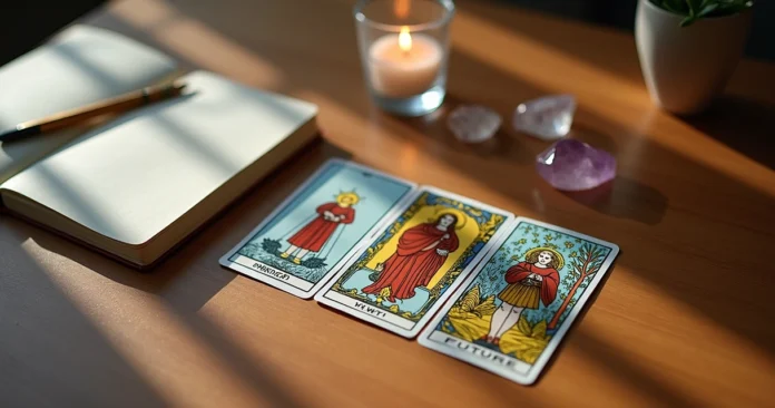 Beginner tarot reading with three-card spread on wooden table