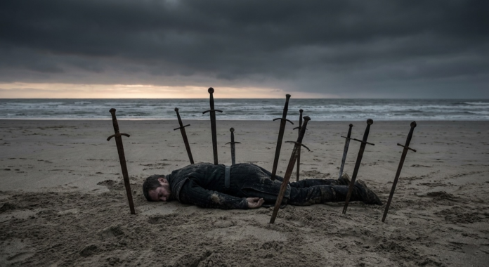 The imagery of the Ten of Swords, with a person lying face down, ten swords impaled in their back.