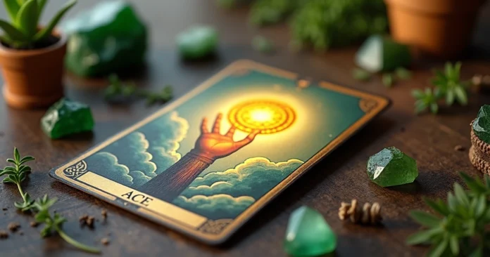 Ace of Pentacles tarot card on wooden table with crystals and green plants