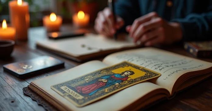 Eight of Pentacles card on a wooden desk beside candles and a focused tarot reader notebook
