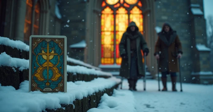 Five of Pentacles tarot card on snowy church steps symbolizing hardship and hope