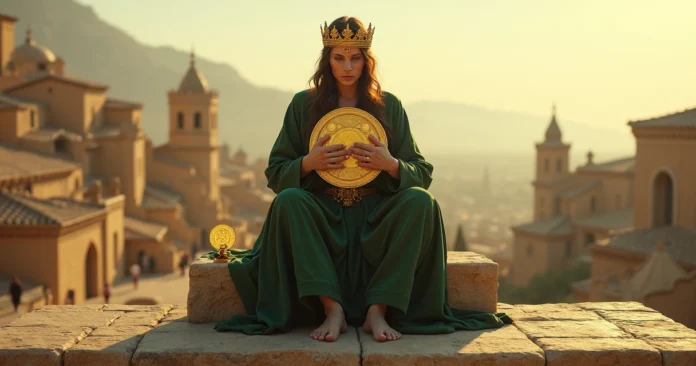 Four of Pentacles tarot figure holding coins tightly in a city, symbolizing wealth and letting go