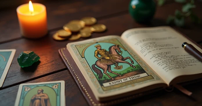 Knight of Pentacles tarot card on wooden table with coins and candle