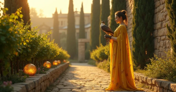 Nine of Pentacles tarot card woman in a lush garden with pentacles and a falcon