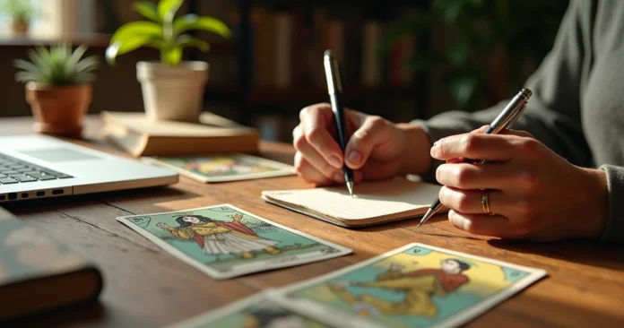 Tarot reader studying the Page of Pentacles card on a wooden table