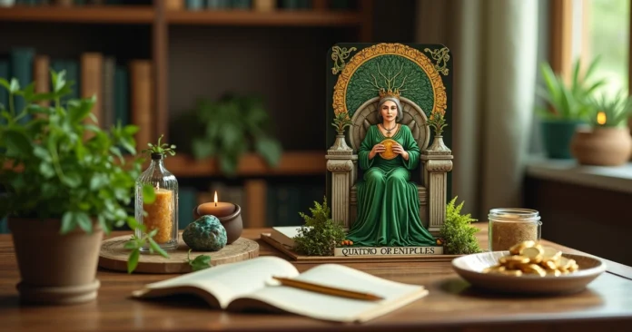 Queen of Pentacles tarot card on altar with earthy symbols of stability and abundance