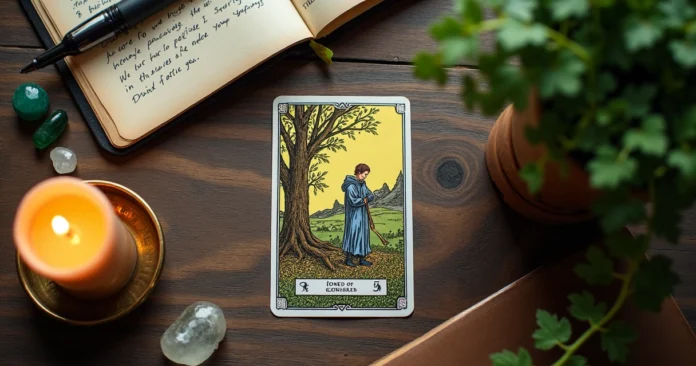 Seven of Pentacles tarot card on wooden table with candles and plants