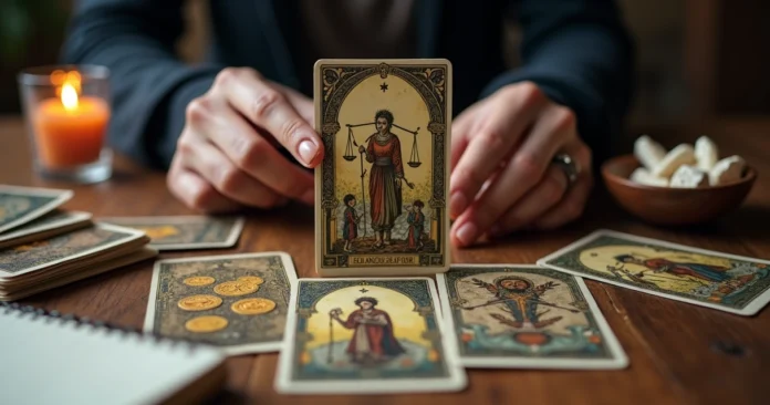 Tarot reader holding the Six of Pentacles card above a balanced tarot spread