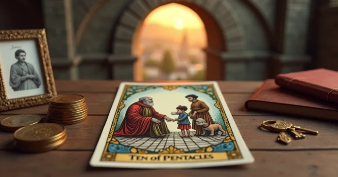 Ten of Pentacles tarot card with multigenerational family and coins symbolizing legacy and security