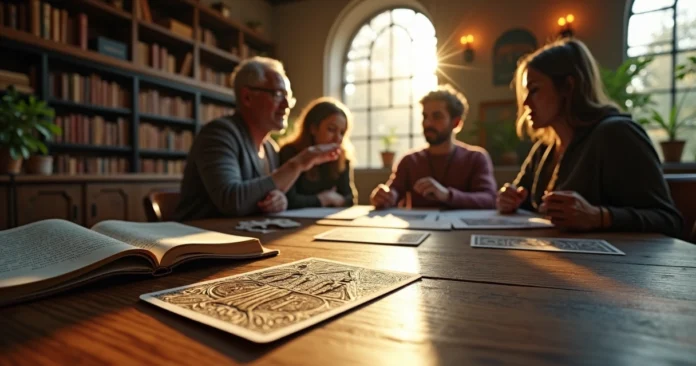 Three of Pentacles tarot card on table with three people collaborating in a sacred workspace