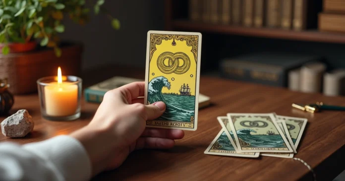 Tarot reader holding the Two of Pentacles card with symbols of balance and change